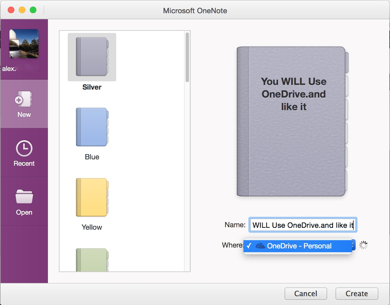does the purchased version of onenote in office for mac allow saving to local disk